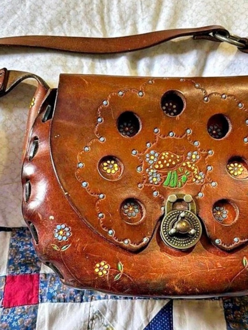 Hand painted Leather Shoulder Bag in Brown mushroom design VINTAGE